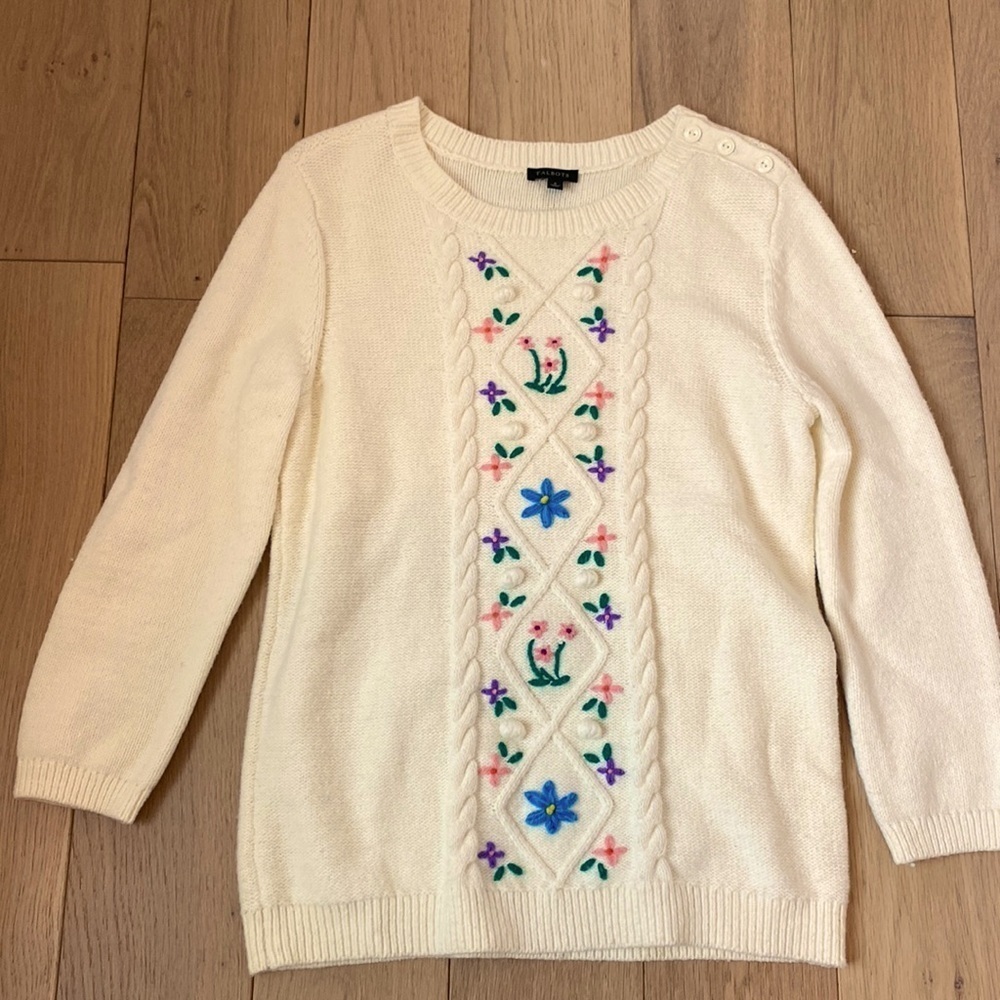 Talbots cream floral embroidered cable knit pastel sweater